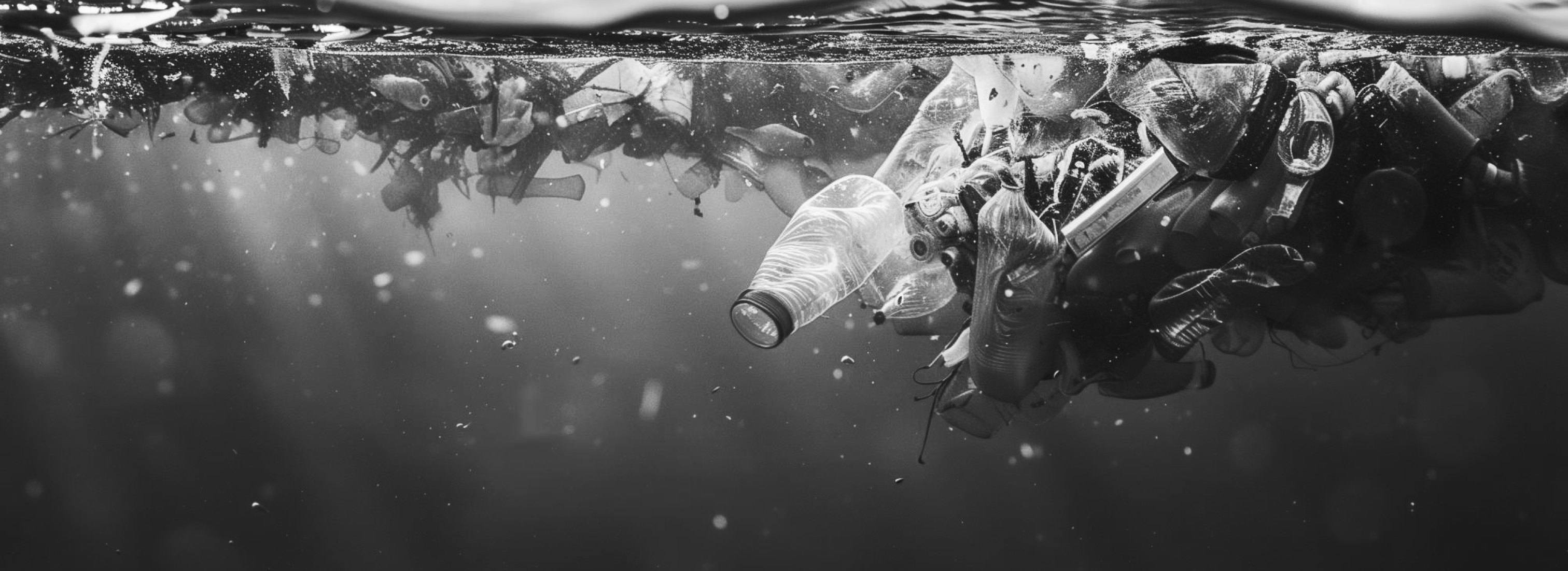 Plastic waste drifting beneath the surface of the water