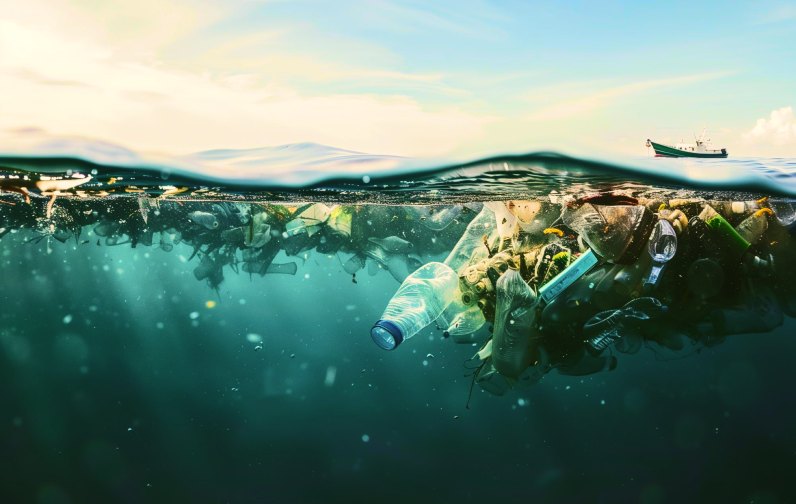 Plastic waste floating at the surface of polluted water