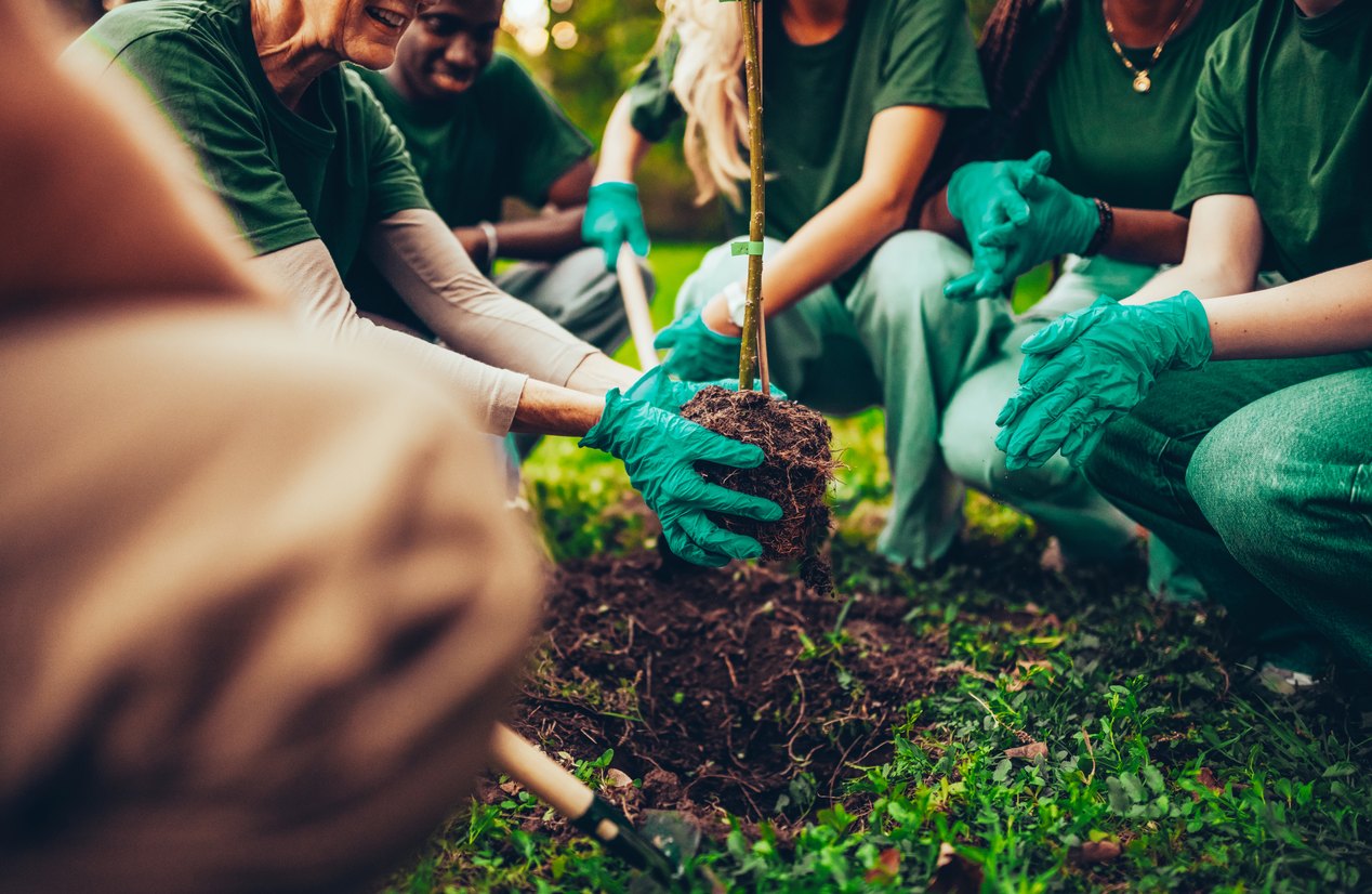 Volunteers kneeling together to plant in fresh soil